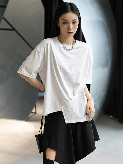 Stylish White Round-Neck Asymmetric Split-Joint T-Shirt