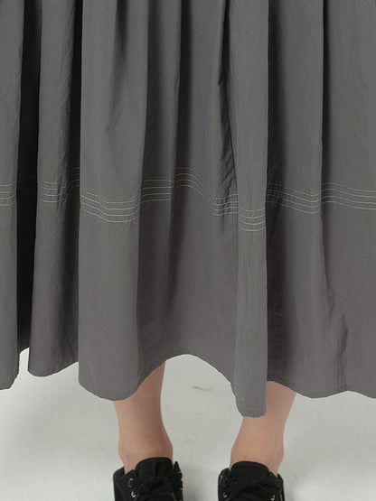 Casual Solid Color Buttoned Pleated Lapel Collar Long Sleeves Midi Dress