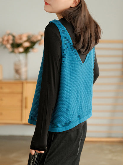 Simple Solid Color Buttoned V-Neck Hollow Vest Tops