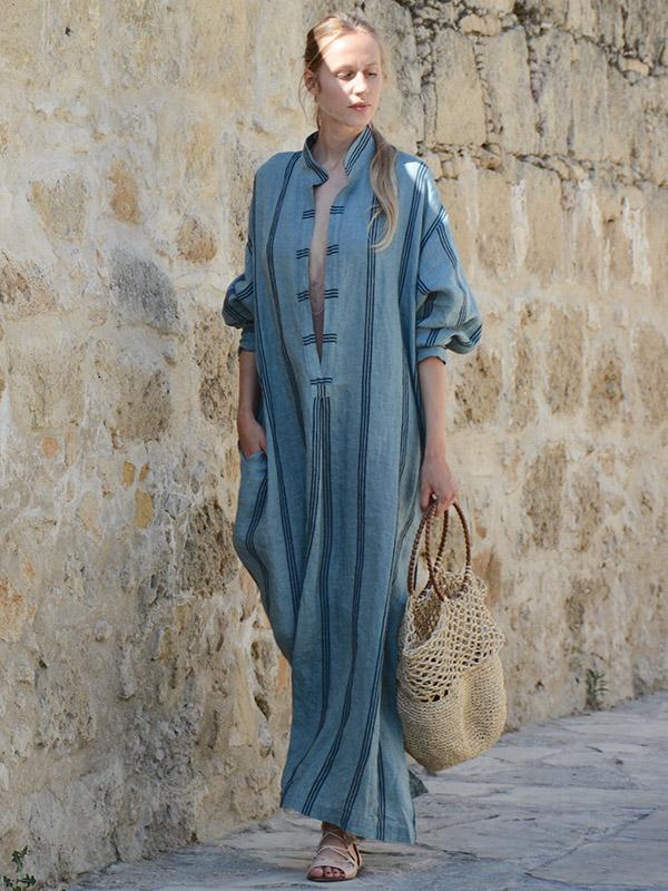 Striped Deep V-neck Ramie Cotton Maxi Dress