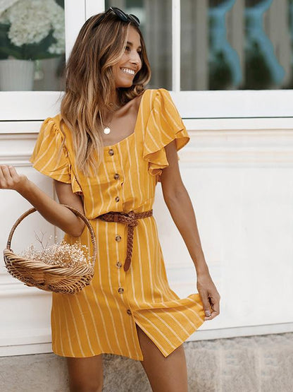 Square Collar Casual Stripped Mini Dress