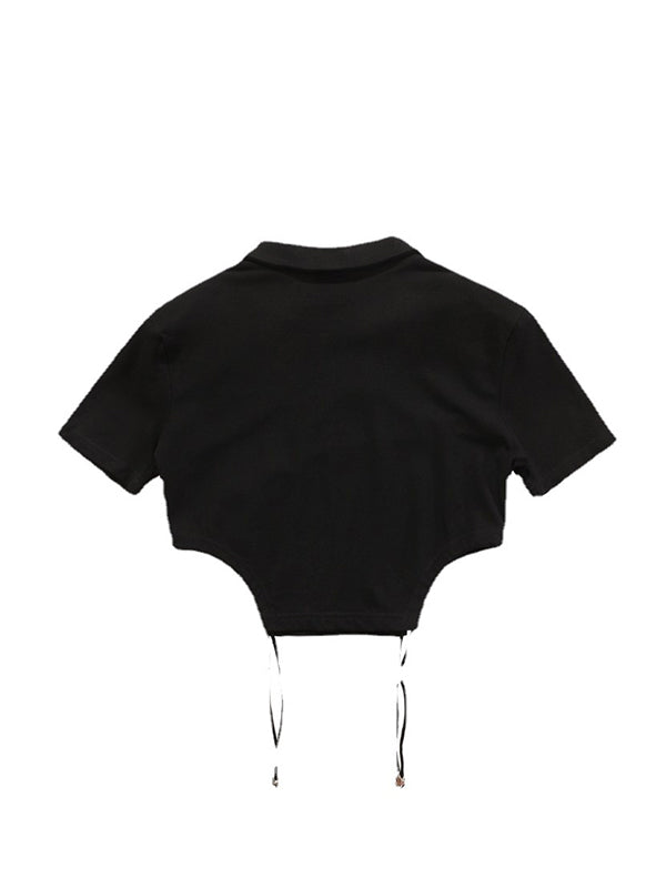 Original Black Lapel V-Neck Hollow T-Shirt