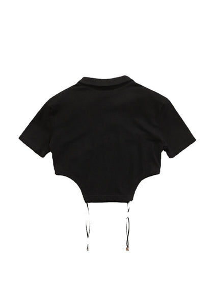 Original Black Lapel V-Neck Hollow T-Shirt
