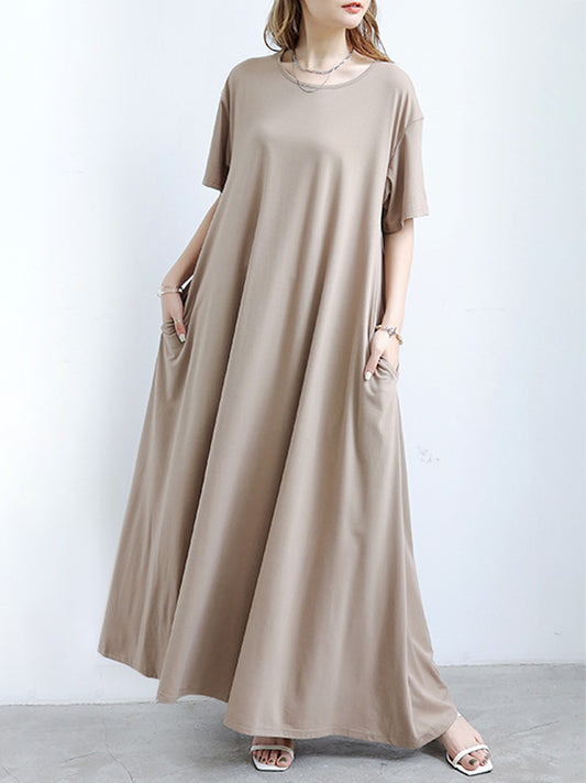 Simple Solid Color Oversized A-Line Round-Neck Short Sleeves Maxi Dress