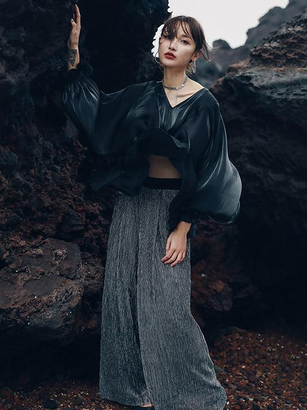 V-neck Chiffon Puff Sleeves Loose Shirt Top