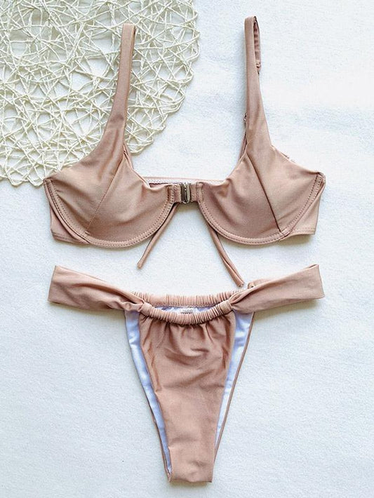 Solid Color Underwired Split Bikini Swimsuit