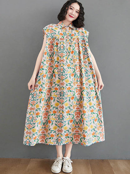 Artistic Retro Floral Printed Pleated Buttoned Lapel Collar Short Sleeves Midi Dress