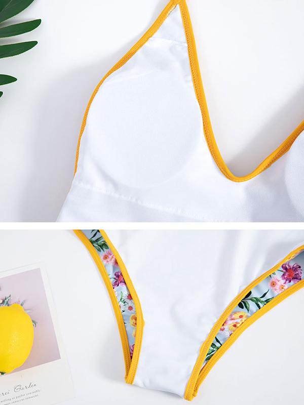 V-Neck Hemming Printing One-Piece Swimwear