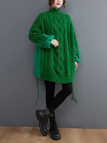 Original Loose Drawstring Split-Joint High-Neck Long Sleeves Padded Sweater Top