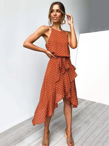 Polka-Dot  Printed  Irregular Hem  Sleeveless Midi Dress