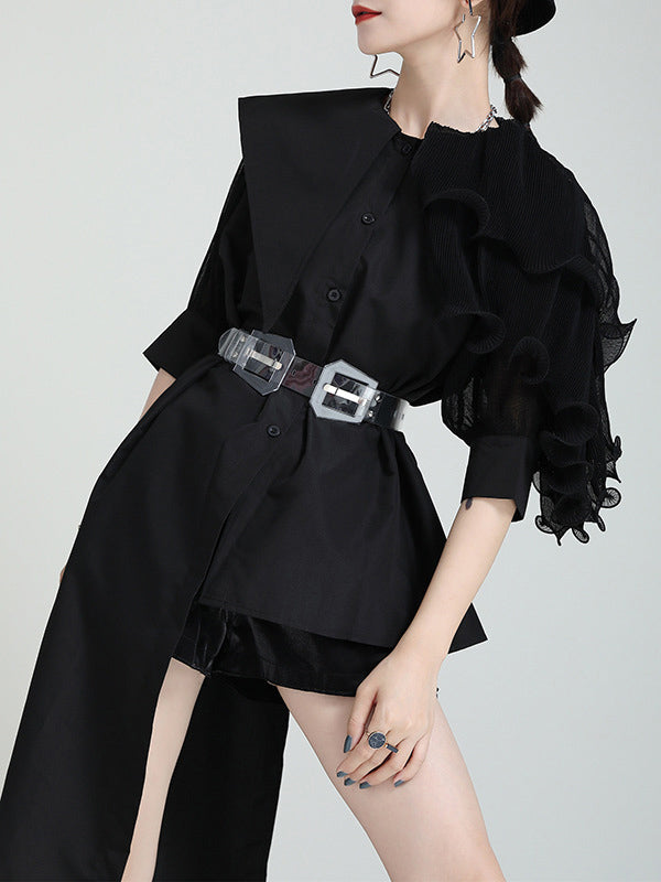 Stylish Irregular 4 Colors Split-Joint Pleated Mesh Falbala Buttoned Lapel Collar Bishop Sleeves Blouse