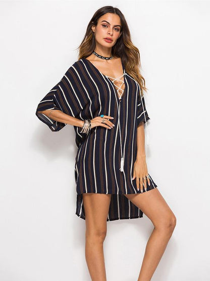 Loose Plus Size Striped Fashion Lace-up Blouse