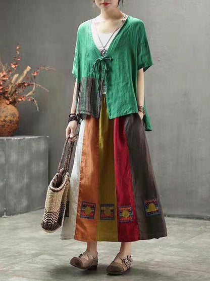 Retro Split-joint Linen Skirt