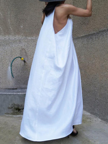 Loose White Sleeveless V-neck Long Dress