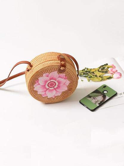 Forest Style Rattan Flower Pattern Round Bag