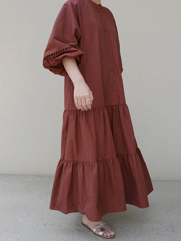 Casual Solid Color Pleated Buttoned Stand Collar Hollow Puff Sleeves Midi Dress
