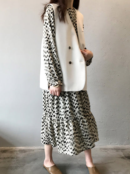 Stylish Polka-Dot Pleated Round-Neck Long Sleeves Loose Midi Dress