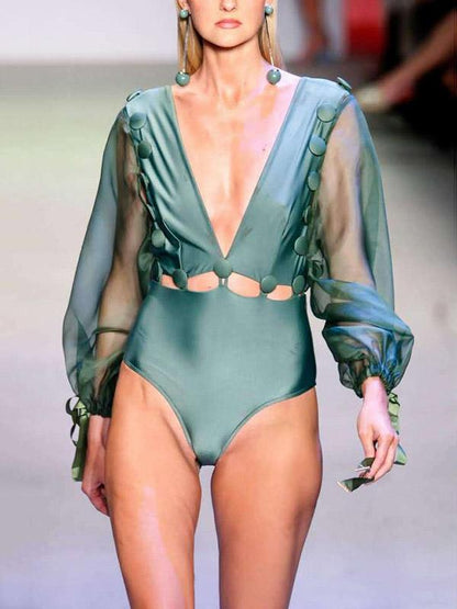 Special Deep V-Neck Bubbles Long Sleeves One-Piece Swimwear