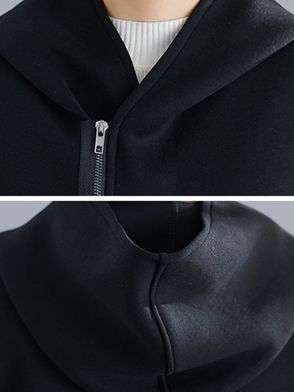 Casual Loose Solid Color Zipper Hooded Batwing Sleeves Outwear