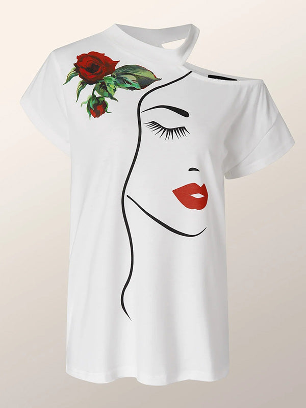 Original One-Shoulder Floral Face Printed T-Shirt Top