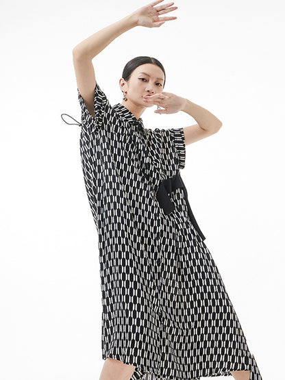 Original Loose Rhombic Printed Midi Shirt Dress