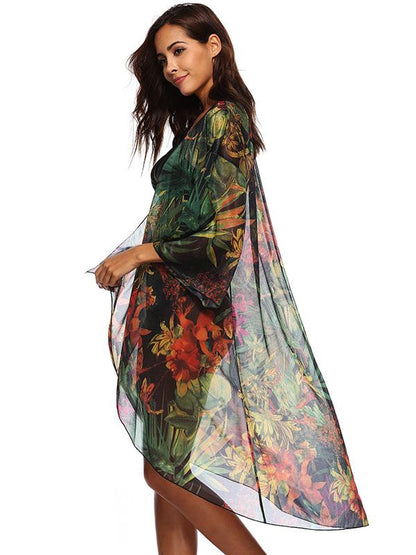 Chiffon Flared Sleeves Printed Cover-Ups