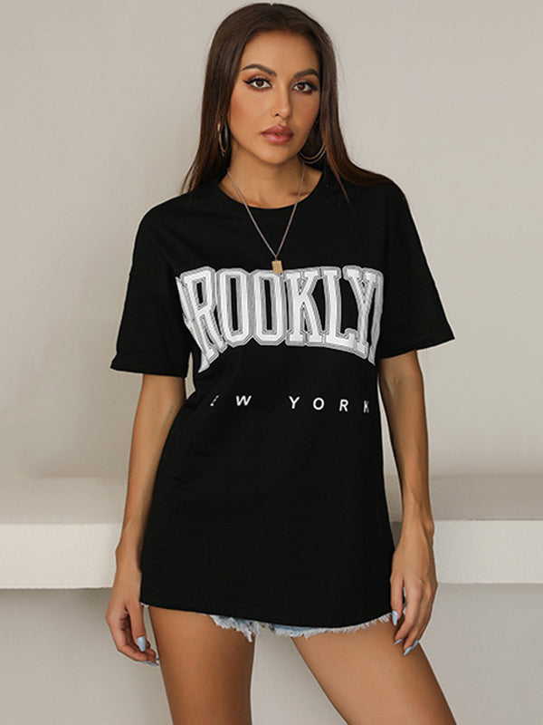 Stylish Black Letter Print Round-Neck Short Sleeves T-Shirts