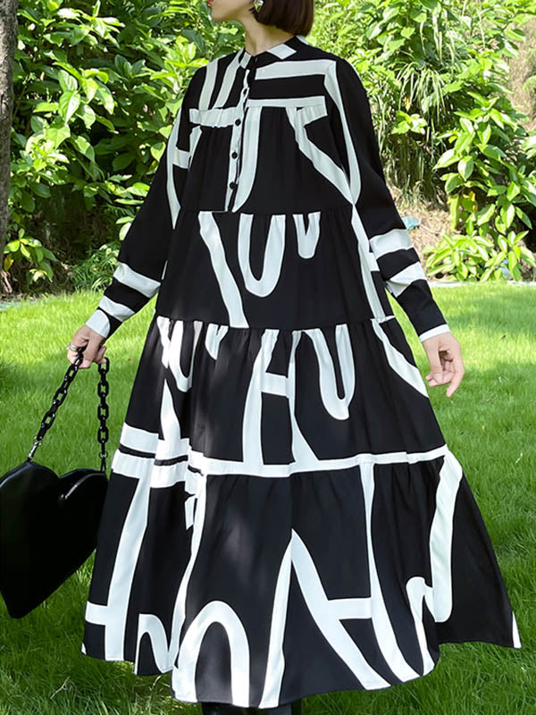 Loose Stand Collar Printed A-Line Midi Dress