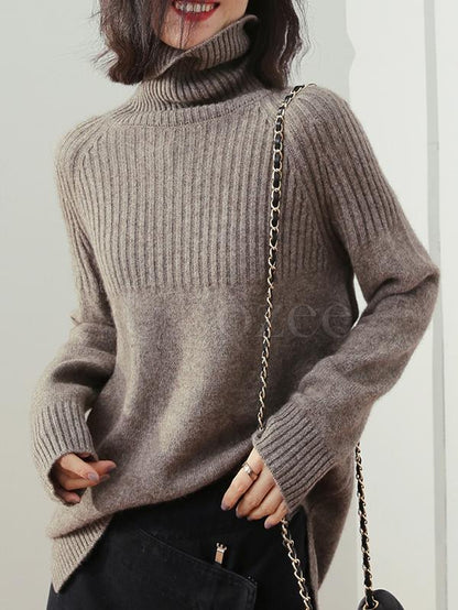 Loose High-neck High-low Solid Casual Sweater