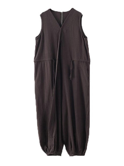Original Solid Elasticity V-Meck Jumpsuits
