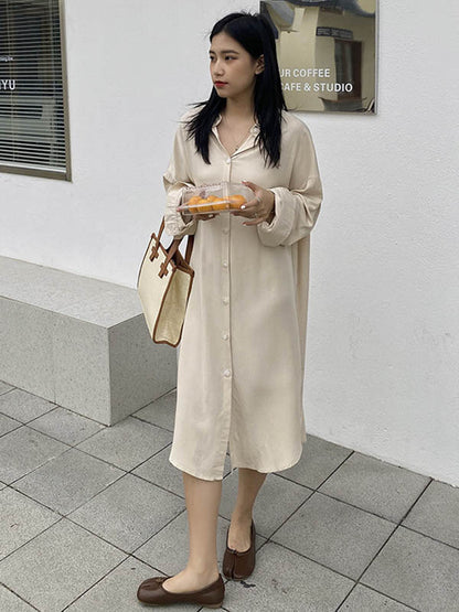 Simple Solid Color Buttoned Lapel Long Sleeves Shirt Dress