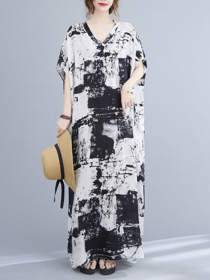 Original Ink-Printing V-Neck H-Line Maxi Dress