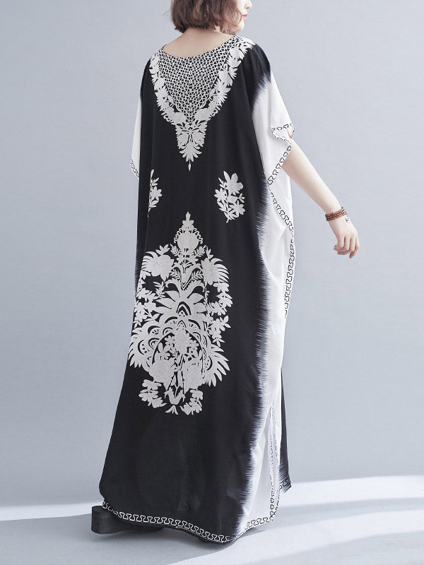 Bohemia Printed V-Neck Batwing Sleeves Contrast Color Maxi Dress