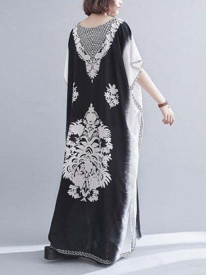 Bohemia Printed V-Neck Batwing Sleeves Contrast Color Maxi Dress