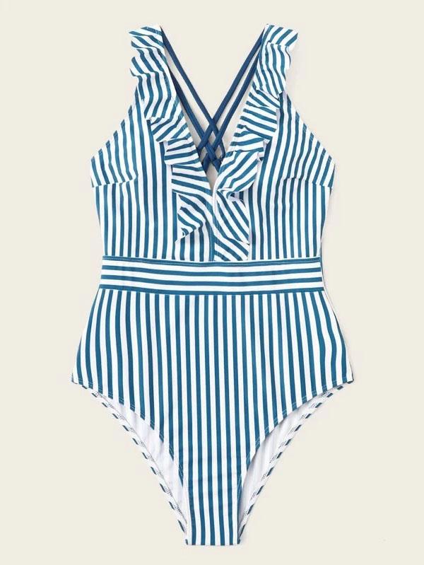 Striped Print Falbala Backless One-Piece Swimwear