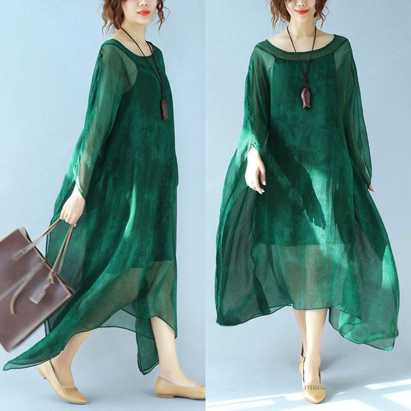 Dyeing Women Loose Casual Summer Silk Thin Green Dress