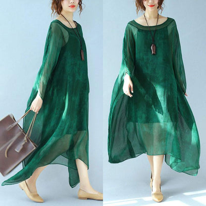 Dyeing Women Loose Casual Summer Silk Thin Green Dress