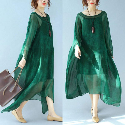Dyeing Women Loose Casual Summer Silk Thin Green Dress