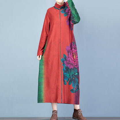 Buykud Fashion Turtleneck Floral Printed Warm Dress