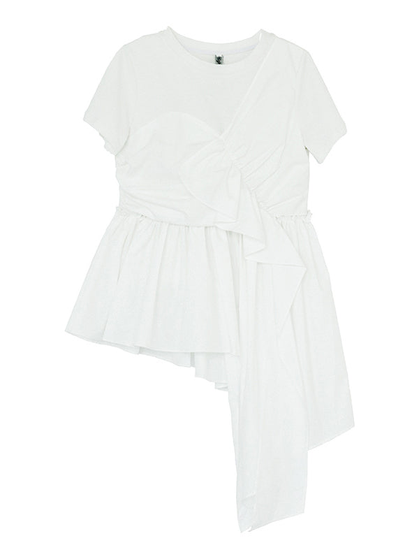 Fashion White Pleats Asymmetric Split-Joint Round-Neck T-Shirts Top