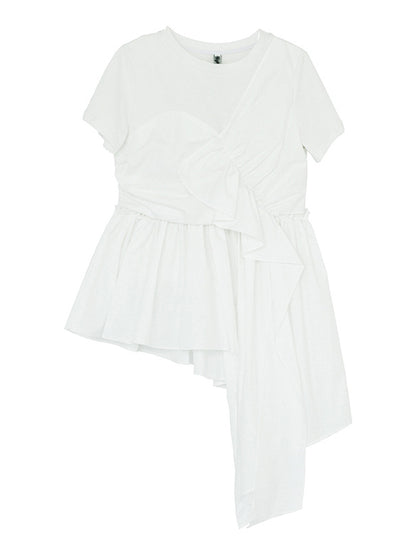 Fashion White Pleats Asymmetric Split-Joint Round-Neck T-Shirts Top