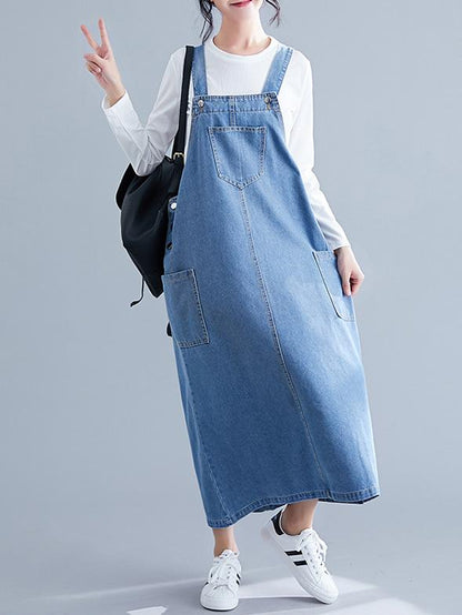 Denim Blue Front-pocket Long Dress