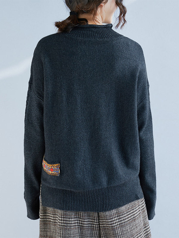 Casual Split-Side High-Neck Long Sleeves Sweater Tops