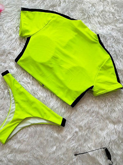 Zipper Top Short Sleeves Bikinis Swimwear