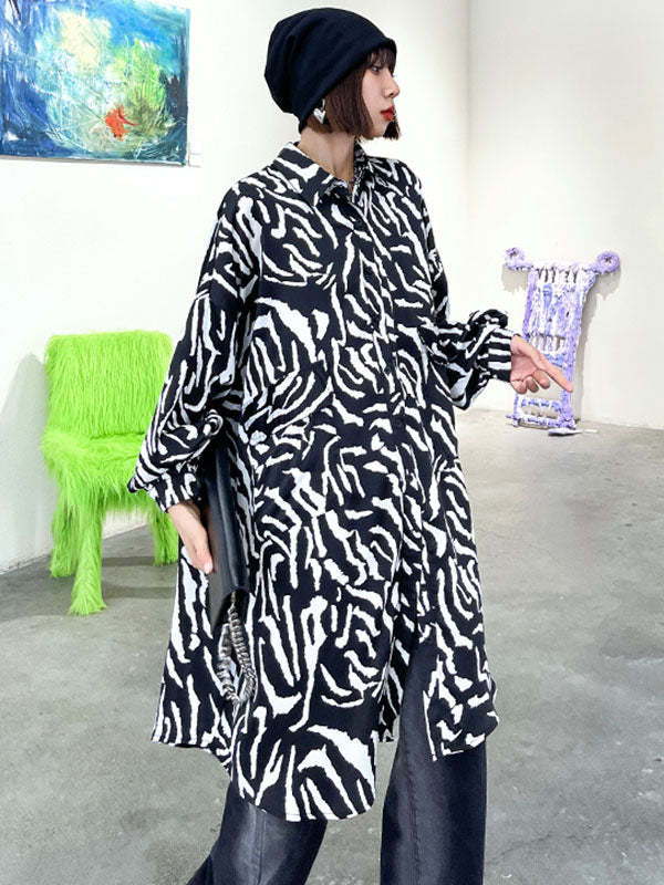 Stylish Printed Buttoned Batwing Sleeve Lapel Blouse Tops