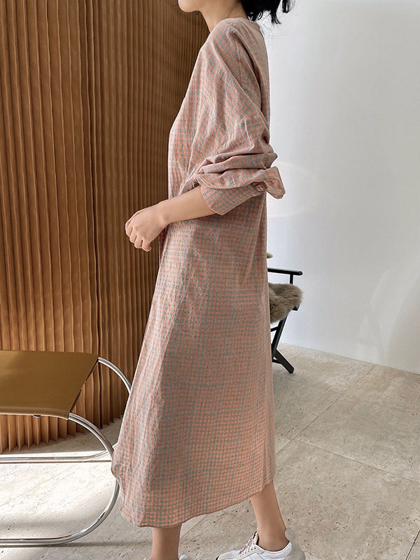 Urban Asymmetric Plaid Round-Neck Batwing Sleeve Shirt Dress