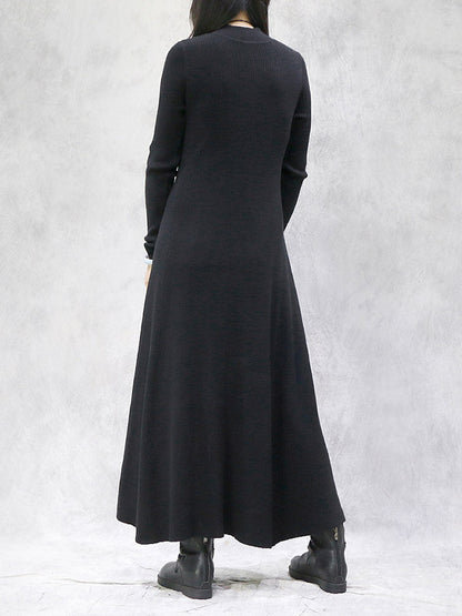 Artistic Retro Solid Color Split-Joint High-Neck Long Sleeves Knitted Sweater Dress
