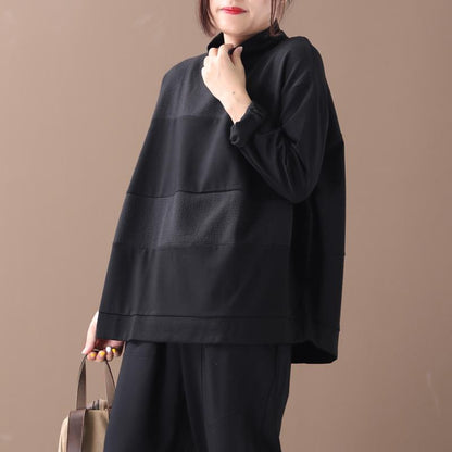 Buykud Literary Loose Wide Striped Turtleneck Sweatshirt