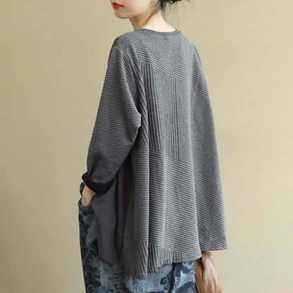 Buykud Striped Spliced O-Neck Long Sleeve Blouse