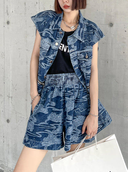 Stylish Buttoned Lapel Zipper Sleeveless Denim Two Pieces Set
